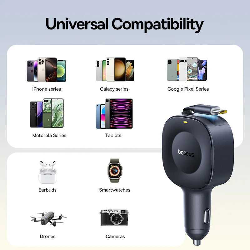 Baseus 30W Car Charger USB-C Type-C Retractable Fast Charging Car Phone Charger Adapter