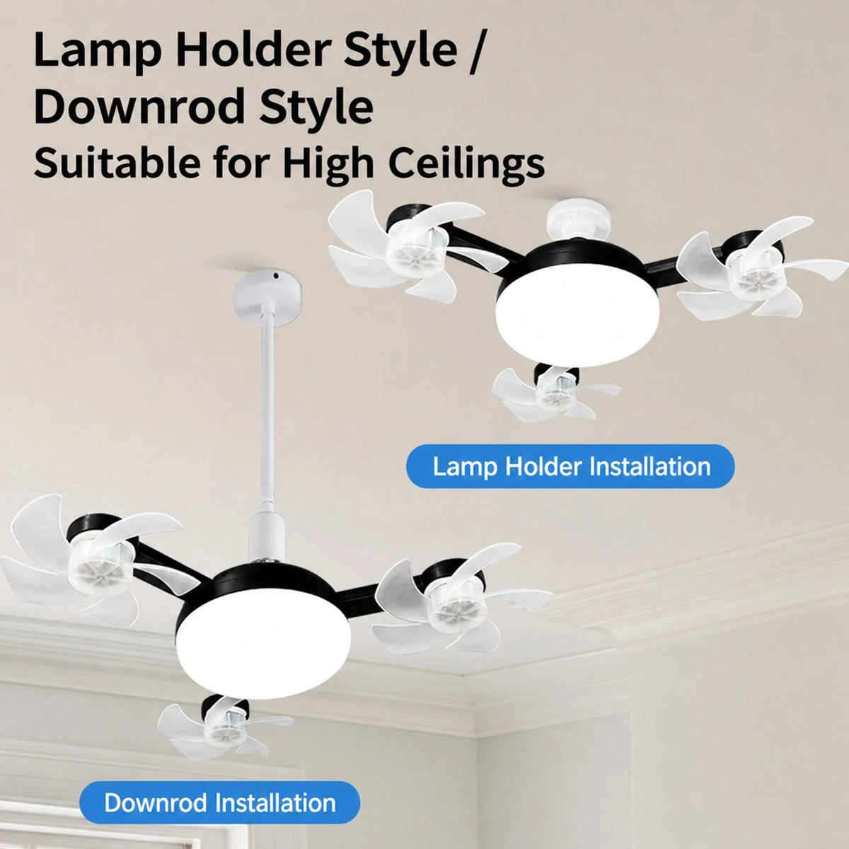 E27 Dimmable LED Socket Drone Fan Light with RC & Extension Rod 2 In 1 Hanging Fans 3-Speed for Bedroom Kitchen Working Space