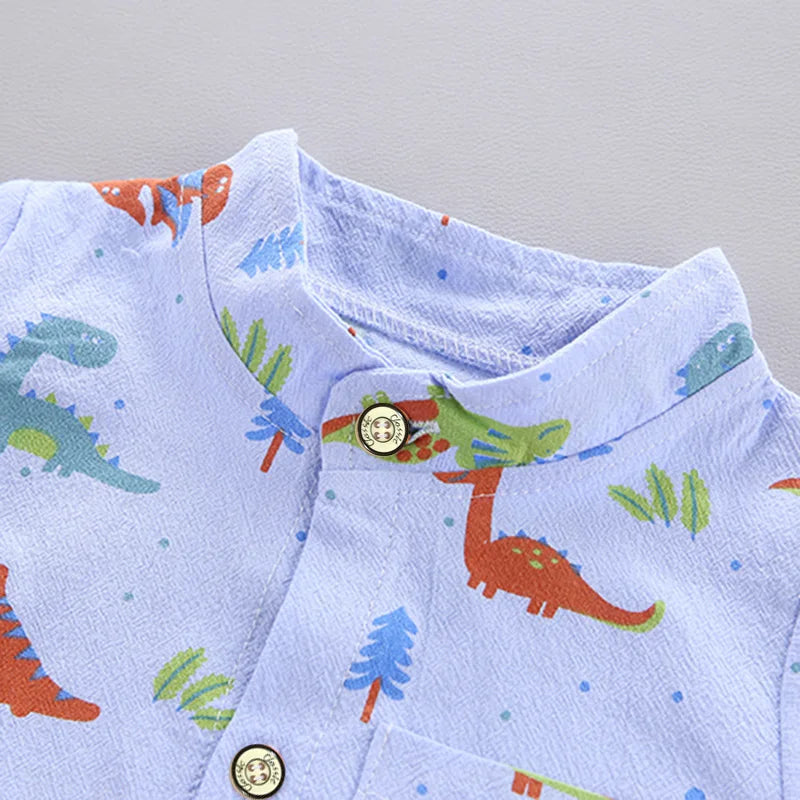 2PCS Children's Summer Full Print Cartoon Little Dinosaur Standing Collar Shirt and Shorts Set