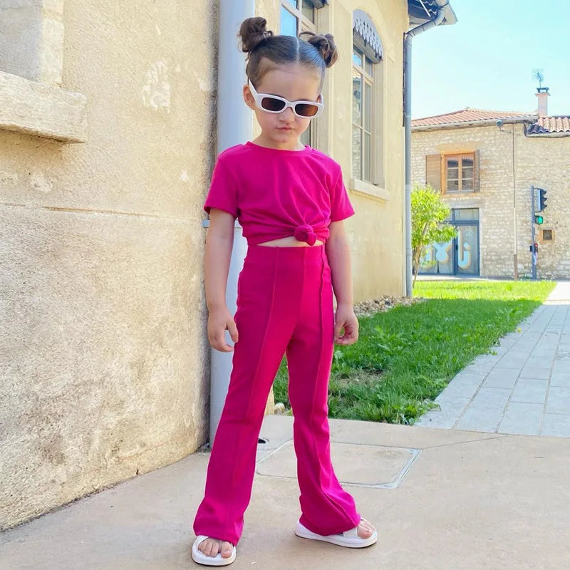 2025 Girls Summer Outfit Sets Toddler Crewneck Tshirt Shirt Top + Bell-Bottom Pants Sets Cute Children Flared Pants Baby Suit
