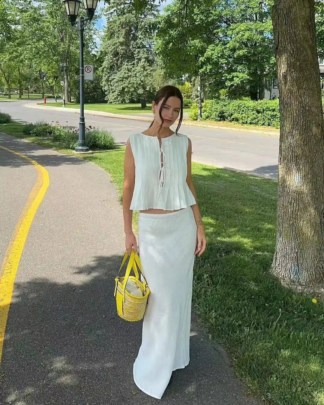 Sexy White Sleeveless Tie Shirt Top Long Skirt Two Piece 2026 Women Fashion Set Summer Holiday Beachwear Swimwear Cover Up A2860