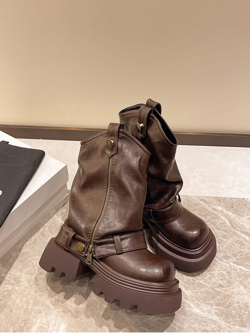 Designer Vintage Women Ankle Boots Fashion Slip On Knight Short Booties Ladies Casaul Platform Heels Botas Mujer