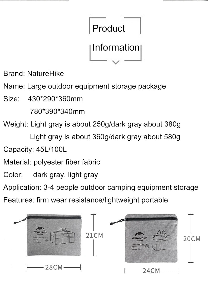 Naturehike Folding Large Capacity Storage Bags 45L 100L Carry Bag Camping Accessories Travel Bag for Family Outdoor Activities
