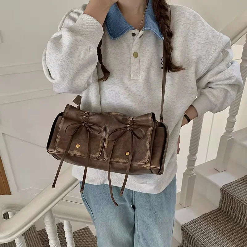 Luxury Designer Handbags And Purses Moto & Bike Drawstring Bow Bags For Women 2024 New In Vintage Pleated Shoulder Crossbody