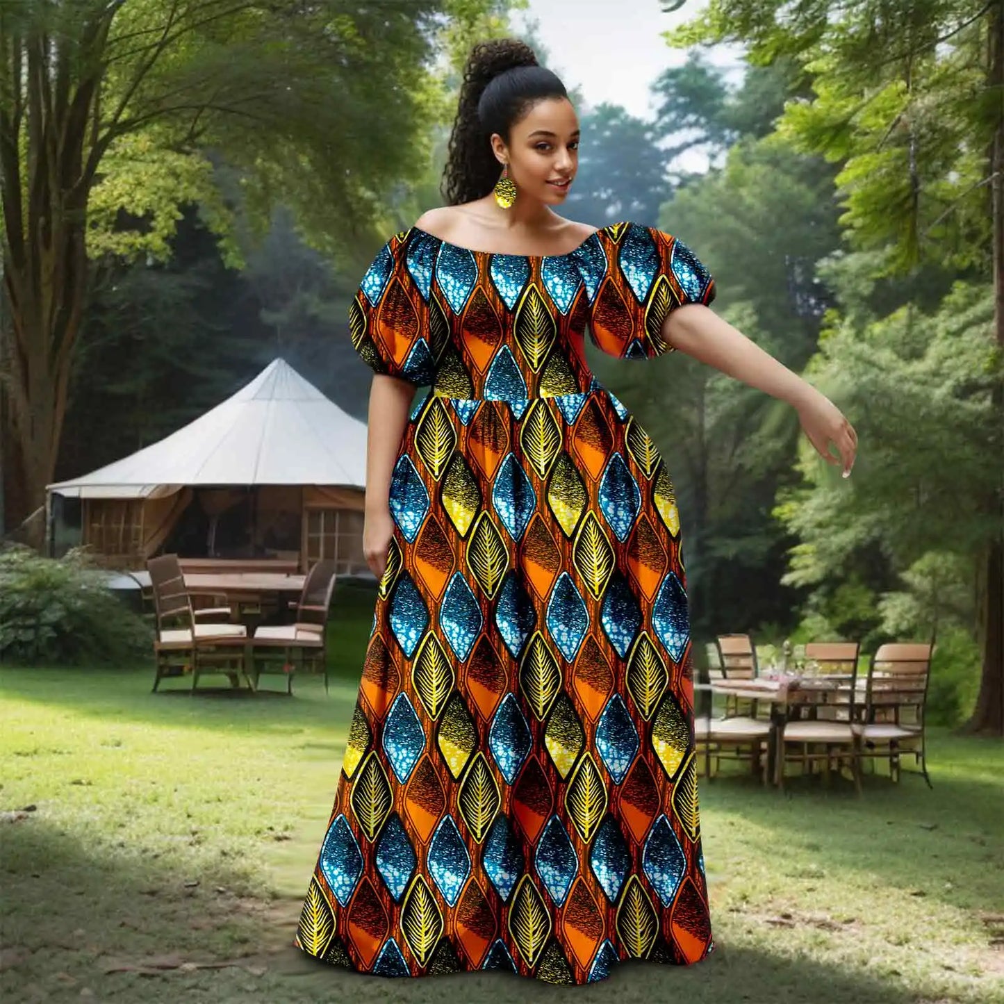 Afripride African Women's Dresses Sexy Strapless Bubble Sleeves With Same Color Earrings Women's Dresses 2525012
