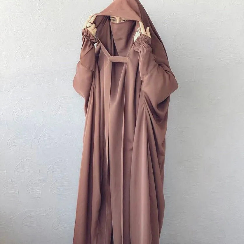 Muslim Abaya Hooded Smocking Sleeve One-piece Prayer Dress Women Jilbab Islamic Clothing Dubai Saudi Black Robe Turkish Modesty