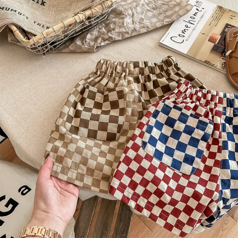 deer jonmi 2023 Summer Korean Style Children Plaid Patchwork Shorts Baby Boys Casual Chic Loose Shorts Kids Clothes