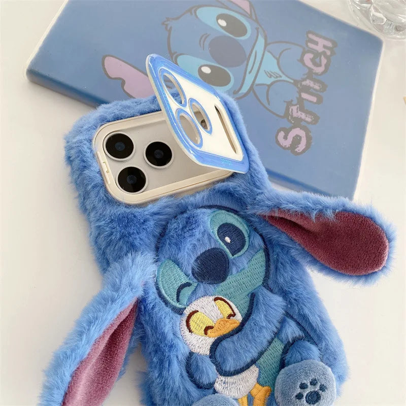 Plush Embroidery Stitch iPhone Case with Stand Furry Ears Cover for iPhone 13 17 Pro Max 16 15 Cute Shockproof Phone Accessories