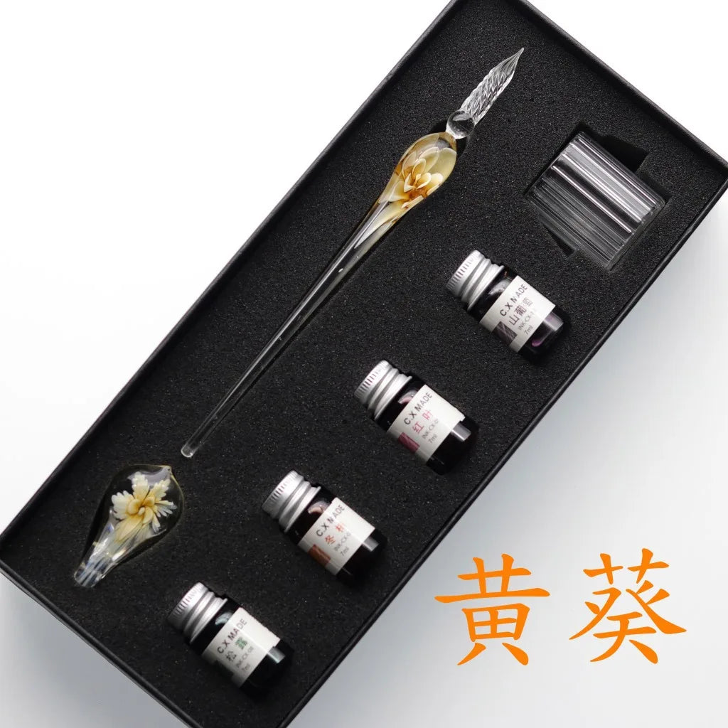 Embedded flower glass pen set, colored dipping pen, street vendor gift box, signature pen, glass pen gift