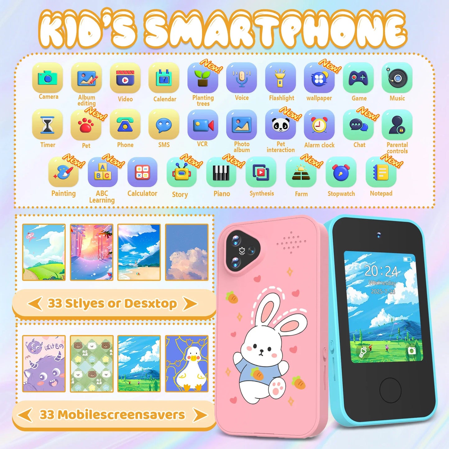 [Smart Phone] 2.8" Kids Smart Phone for Girls | Dual Camera| USB | 1000mA battery| Game&Music&Alarm&Calculator，Christmas gift