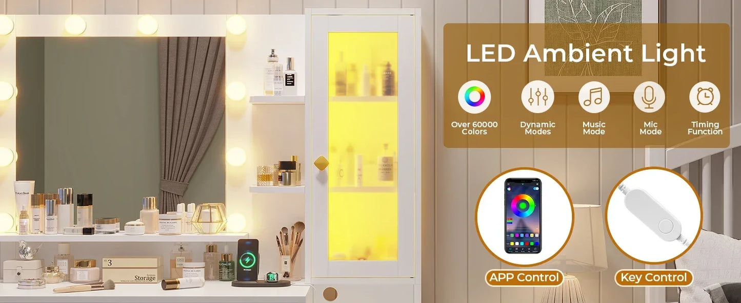 Vanity Desk, Makeup Vanity with Lights & Charging Station and Ambient Light, Vanity Table with Dresser, Bedroom Furniture