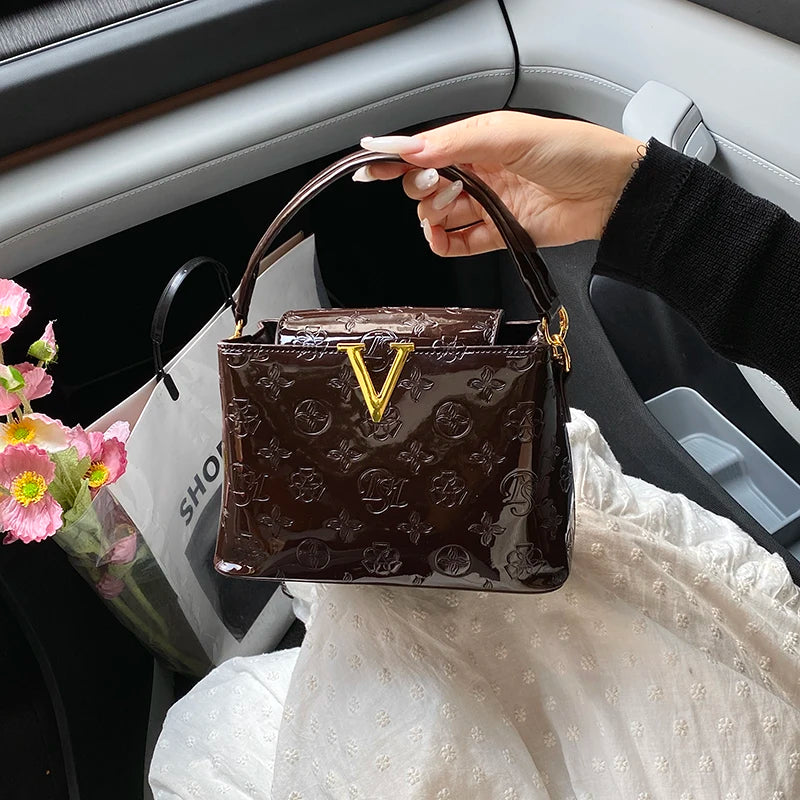Elegant Trendy Smooth Shiny PU Solid Color Women Shoulder Bag Pattern Print Deco Handbag Crossbody Bag for Outings Party Travel