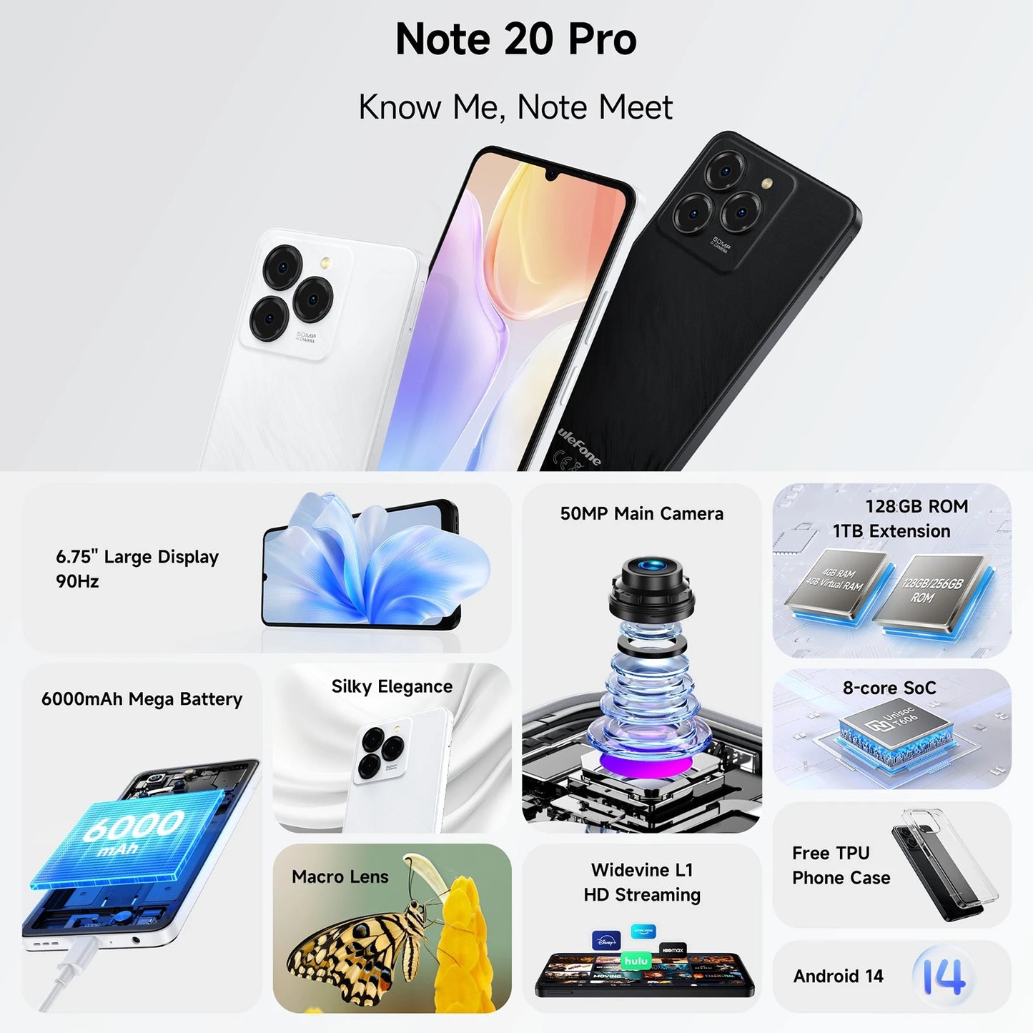 Ulefone Note 20 Pro Smartphone 50MP Camera 6000mAh Battery 4GB+128GB/ 256GB Unisoc T606 6.75" 90Hz 4G Android 14 Mobile Phone