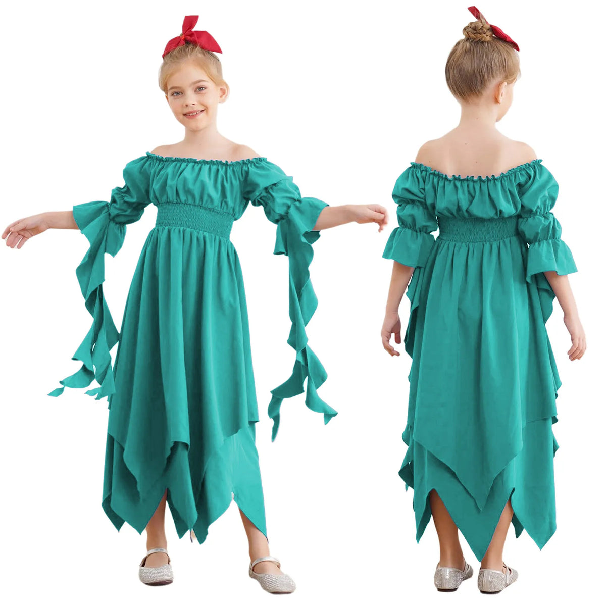 Girls Halloween Medieval Renaissance Witch Vampire Cosplay Costume Victorian Gothic Dress Off Shoulder Smocked Irregular Gown