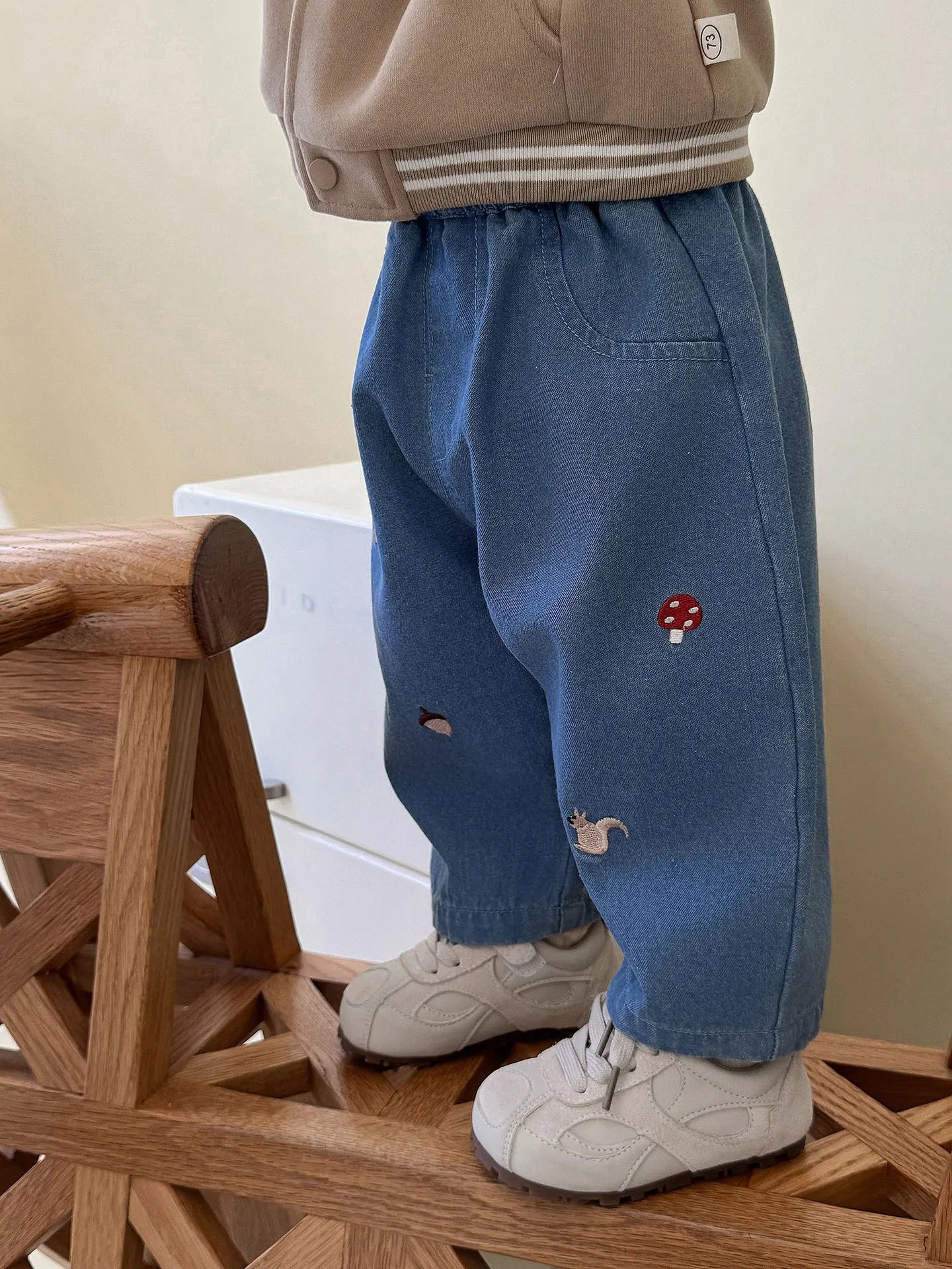 2025 Fall New Toddler Kids Pants Cotton Cartoon Embroidered Harem Pants Baby Boy Casual Striped Denim Baggy Trousers