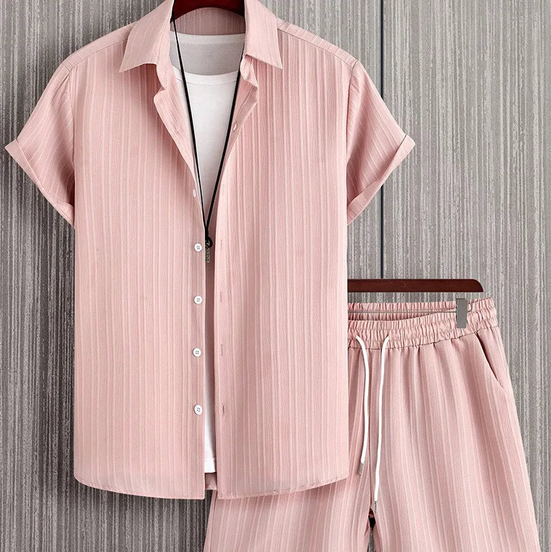 2025 Summer Men's Set Striped Jacquard Shirt Short Sleeve Button Collar Casual Shirt Fashionable Hot Selling Trendy Atmosphere