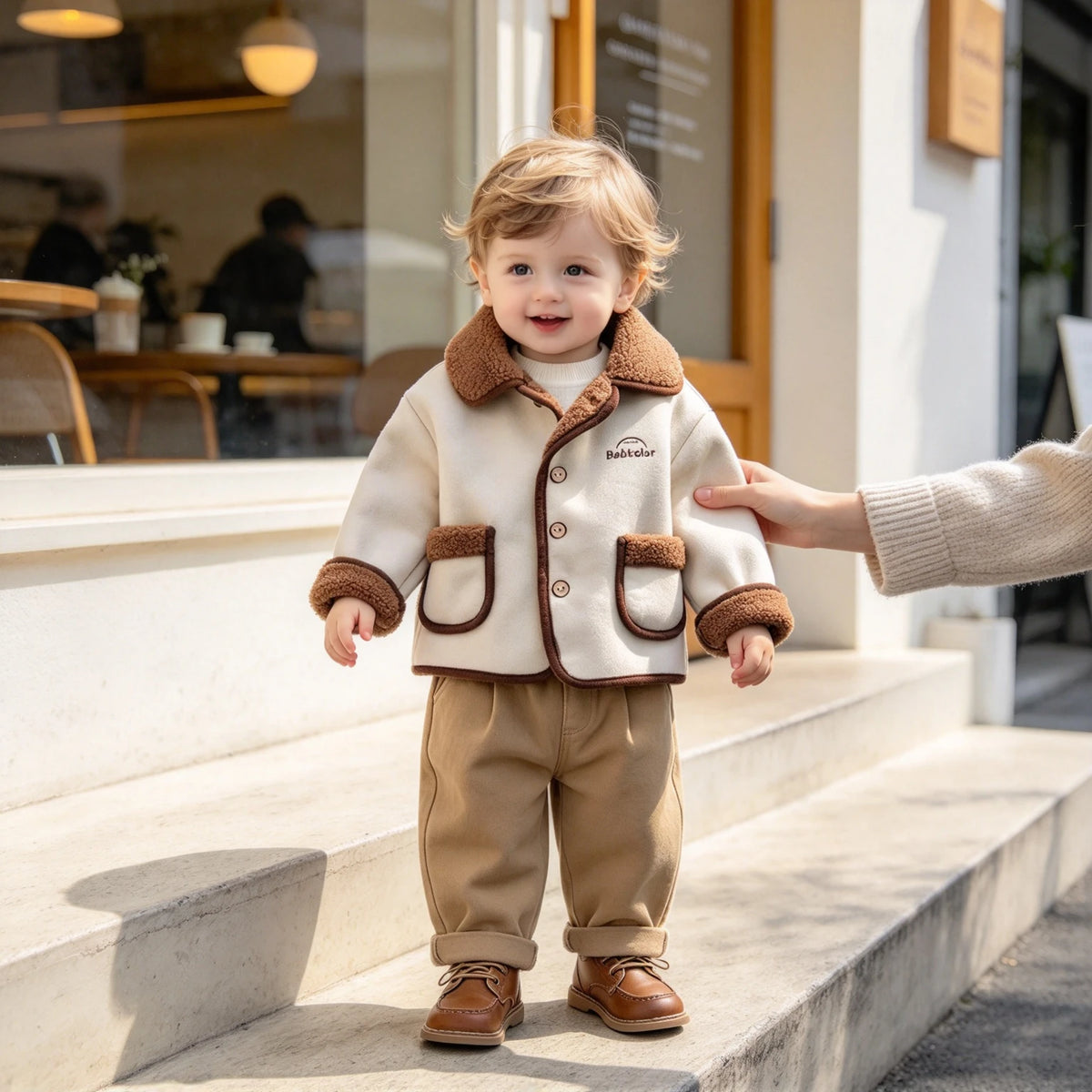 Kids Boys Sherpa Fleece Lined Faux Suede Jacket, Lapel Button Down Warm Coat With Pockets, Toddler Autumn Winter Outerwear