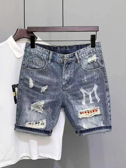 New Korean Style Clothes Luxury Washed Distressed Boyfriend Men's Casual Summer Denim Jeans Distressed Holes Prints Shorts Male