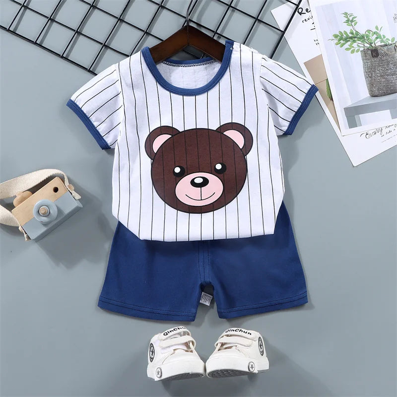 Girls Outfit Children Clothes Sets Baby Bow Tie Suit Boys Short-Sleeved T-Shirt Shorts 2 Pieces Kids Summer New Thin Costume