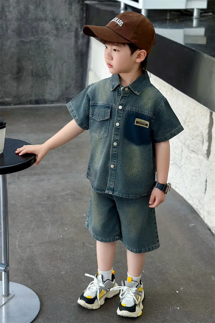 2025 Trendy Boys' Denim Set Vintage Wash Short Sleeve Shirt & Shorts 2-Piece Summer Outfit