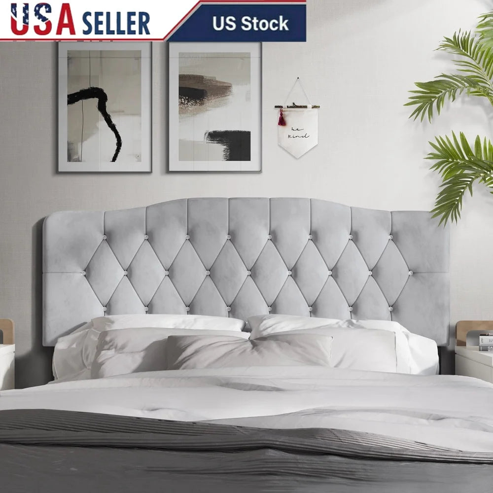 Upholstered Tufted Headboard Adjustable Height Silver Grey Velvet Queen Size Luxurious Comfortable Bedroom Focal Point Modern