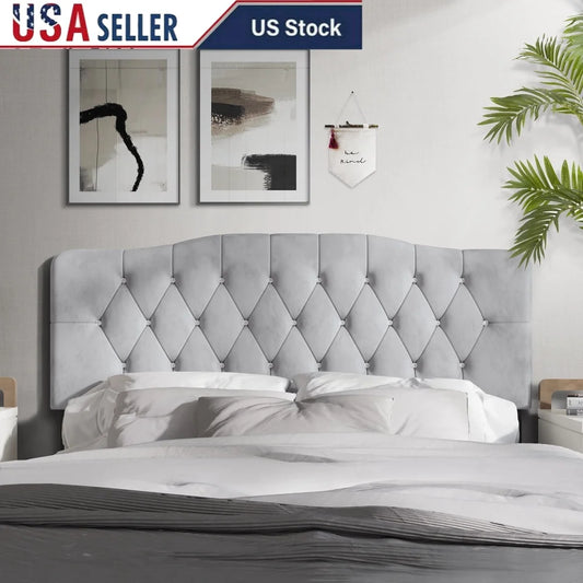 Upholstered Tufted Headboard Adjustable Height Silver Grey Velvet Queen Size Luxurious Comfortable Bedroom Focal Point Modern