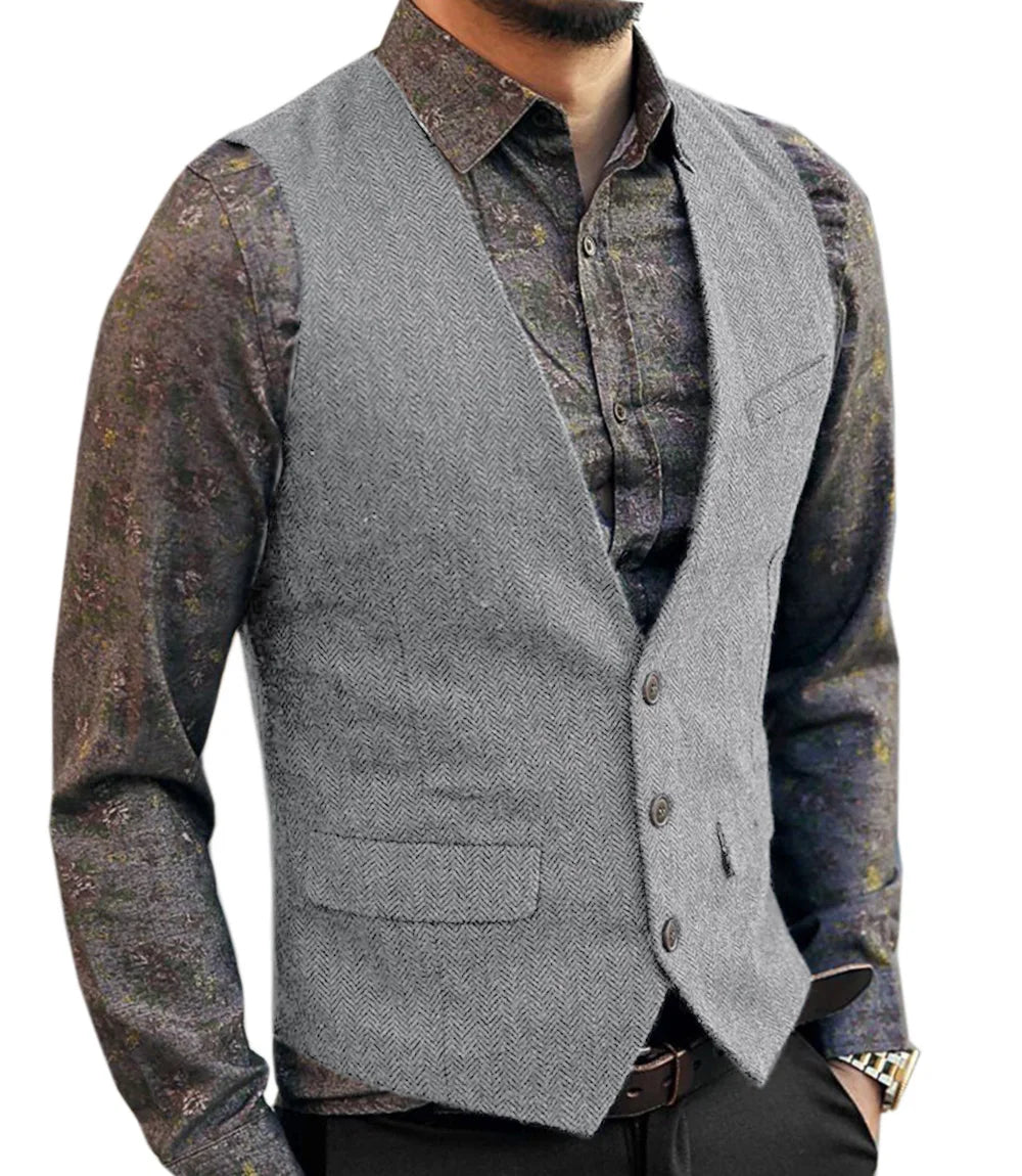 Deep V-Neck Suit Vests  Classical Formal  Business Herringbone  Wood Waistcoat Slim Fit Men's Vest For Wedding
