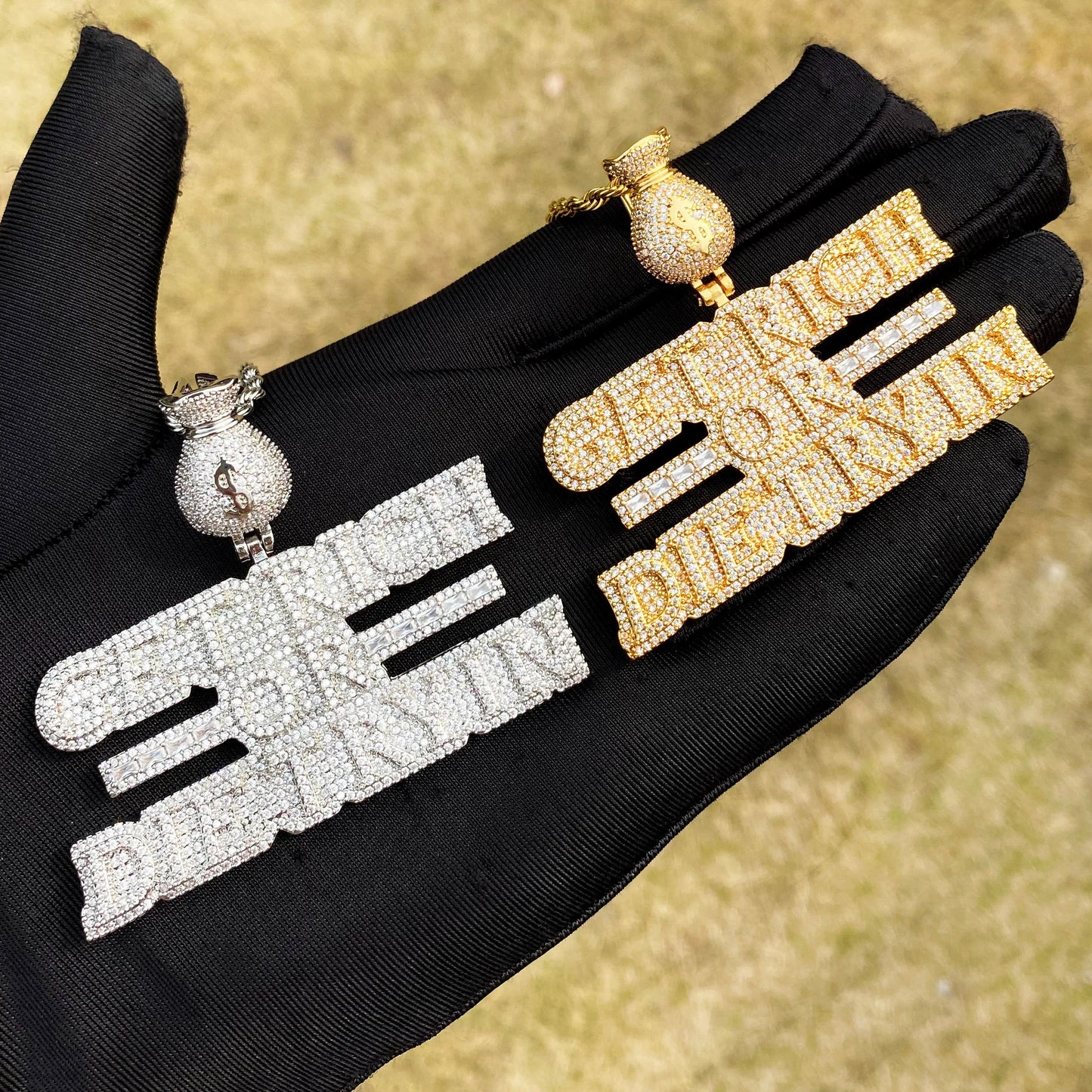 Aokaishen Iced Out Necklace Pendant for Men Real Copper Get Rich Hip Hop Jewelry