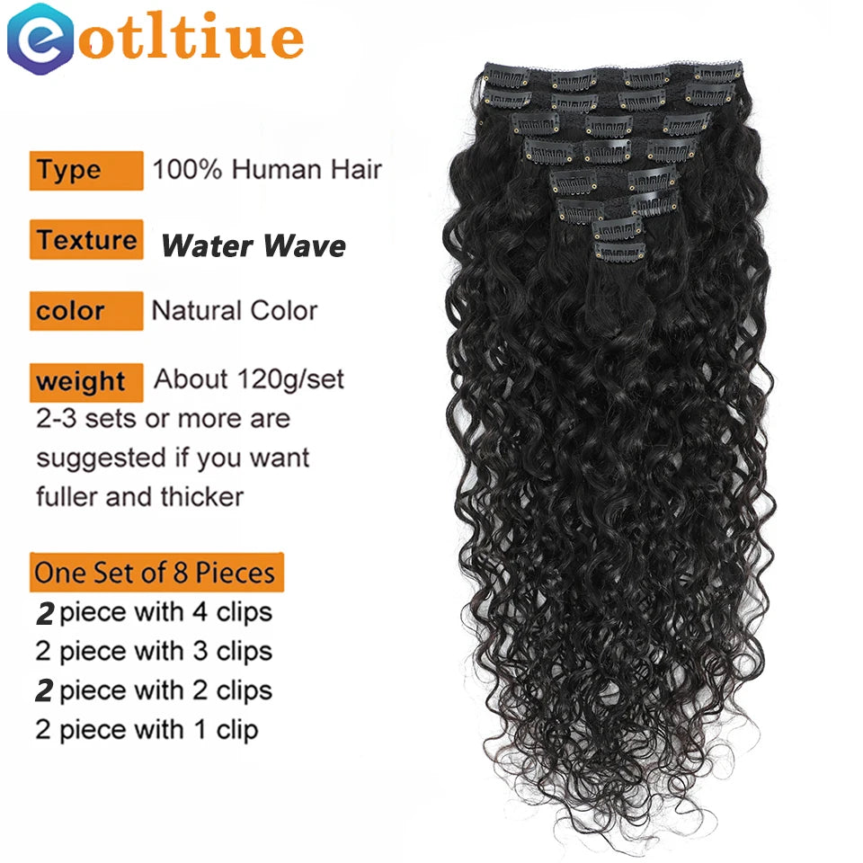 Water Wave Clip In Human Hair Extensions 8PC/Set 120g Wholesale Remy Virgin Curly Wavy Clip On Hair For Women Natural Hair Clips