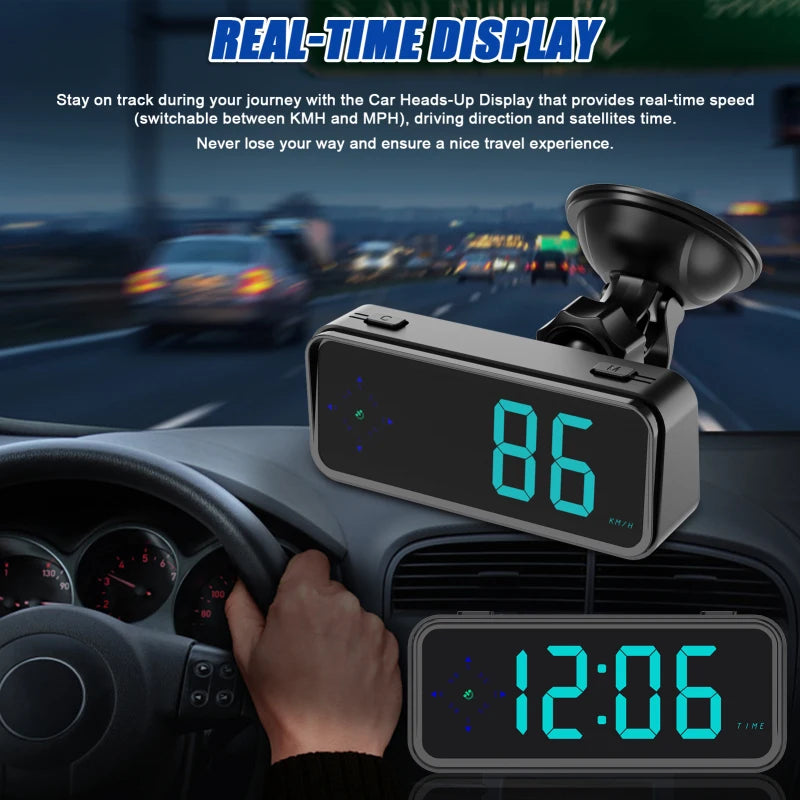 Car Headup Display GPS Digital Speedometer KM/H MPH Switchable with Colorful LED Display Digital Clock Driving Direction Display