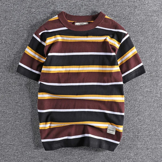 Summer Splicing Pure Cotton Stripe Short Sleeve T-shirt Streetwear Amekaji Heavyweight Casual Male Round Neck Tshirt Tops Tee