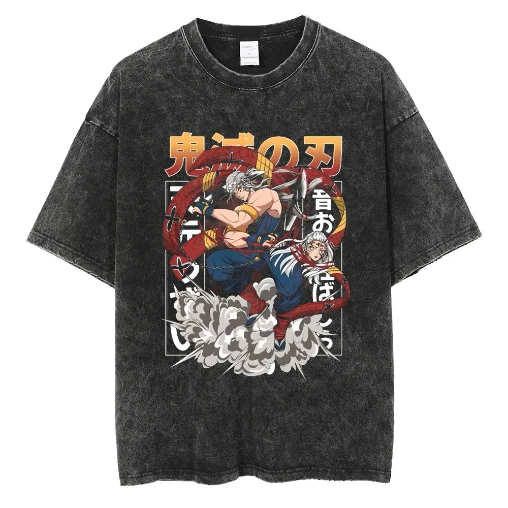 Hot Anime Demon Slayer Kokushibo Graphic T-Shirt Men Women Manga Tshirts Washed Cotton T Shirt Harajuku Unisex Vintage Top Tees