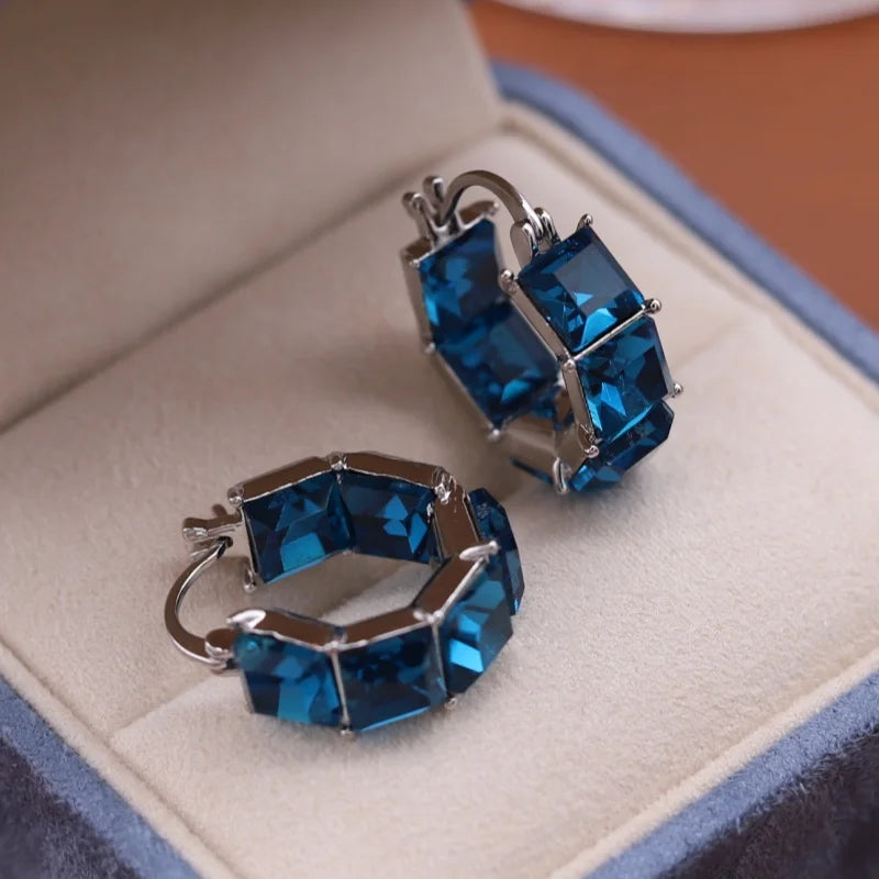 2025 Korean new design fashion jewelry luxury square blue crystal hoop earrings elegant women's daily work accessories