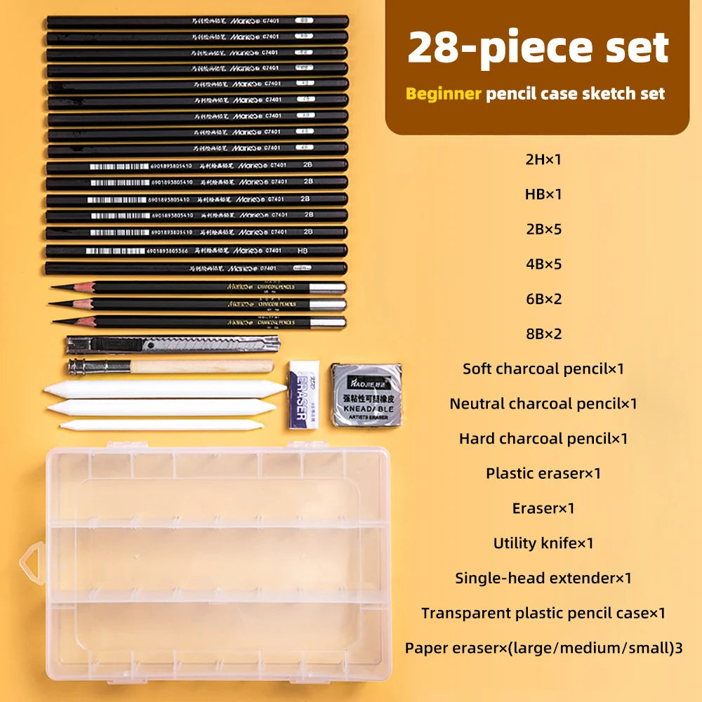 Sketching Pen Set Drawing Kit Student Portable Pen Curtain Charcoal Pencil Sketch Pencil Charcoal Stick Sharpener Eraser Set Box