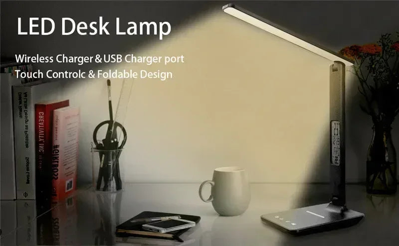 LED Desk Lamp with Wireless Charger USB Charging Port Adjustable Foldable Table Lamp Dimmable Lighting Office Lamp Adapter