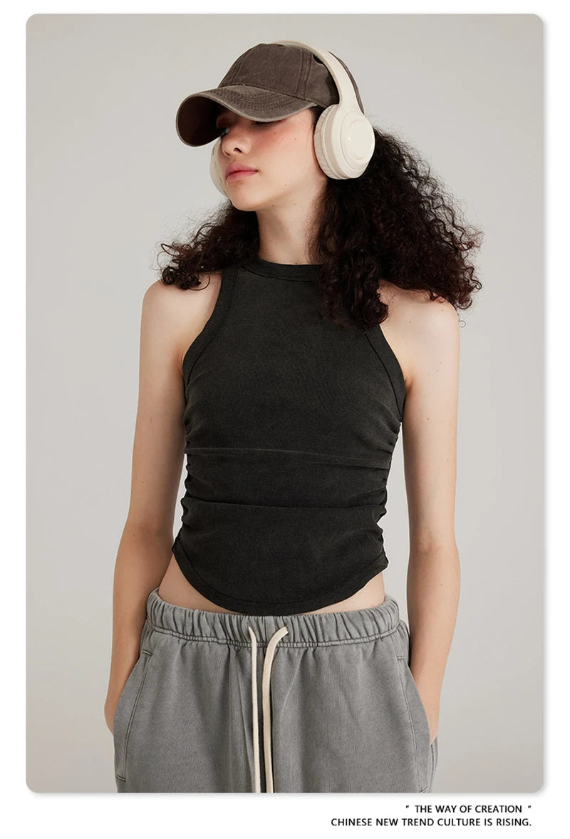 ZODF Women 2025 Hotsweet Girls Washed Cotton Tank Tops Female 315gsm Slim Pleated Arc Hem Camisole TEE Brand Tops HY0574