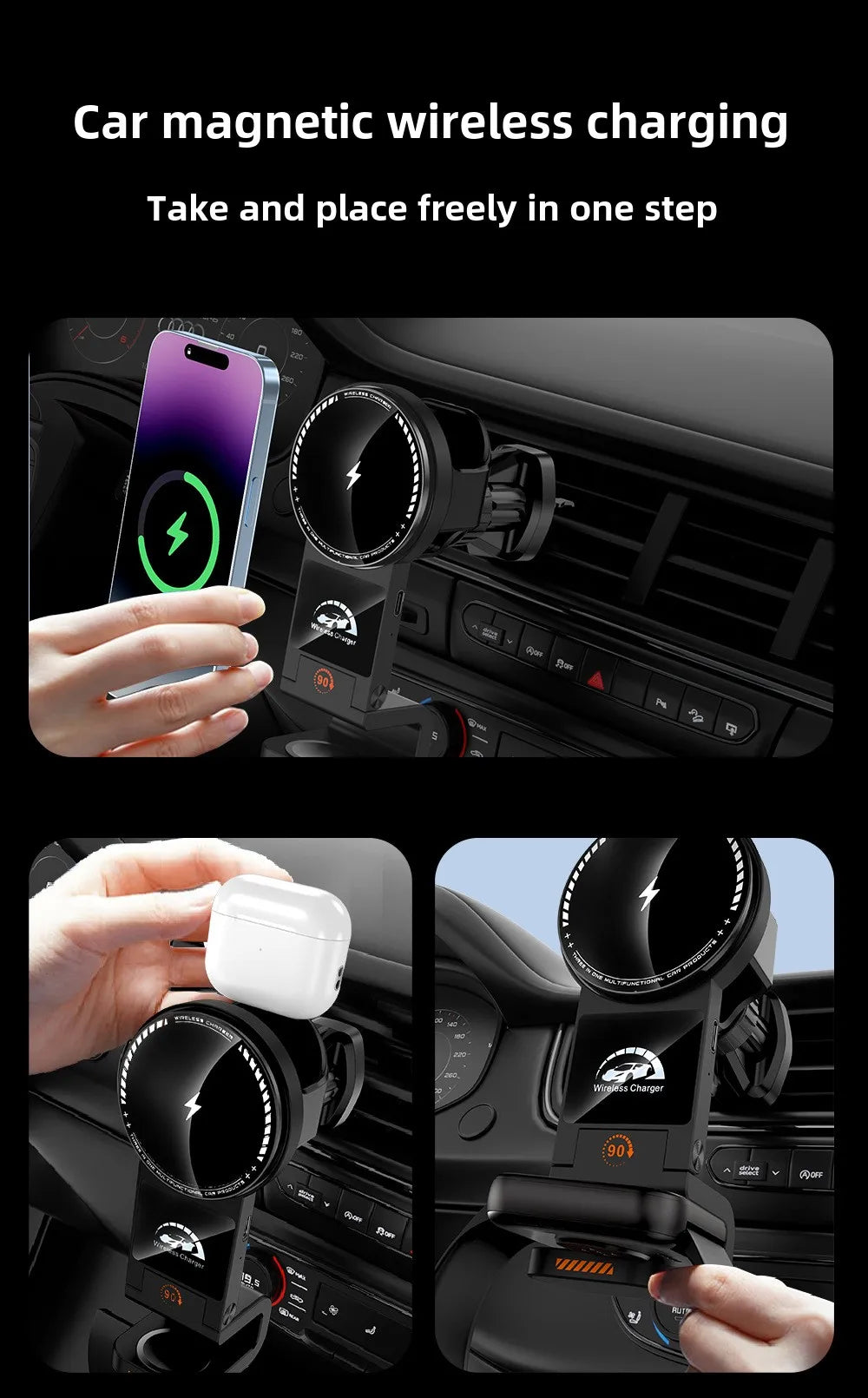 Magnetic Wireless Charger Car Phone Holder 15W Fast Charging  Air Outlet Hook Mount Stand for Magsafe IPhone 16 Earphone Iwatch