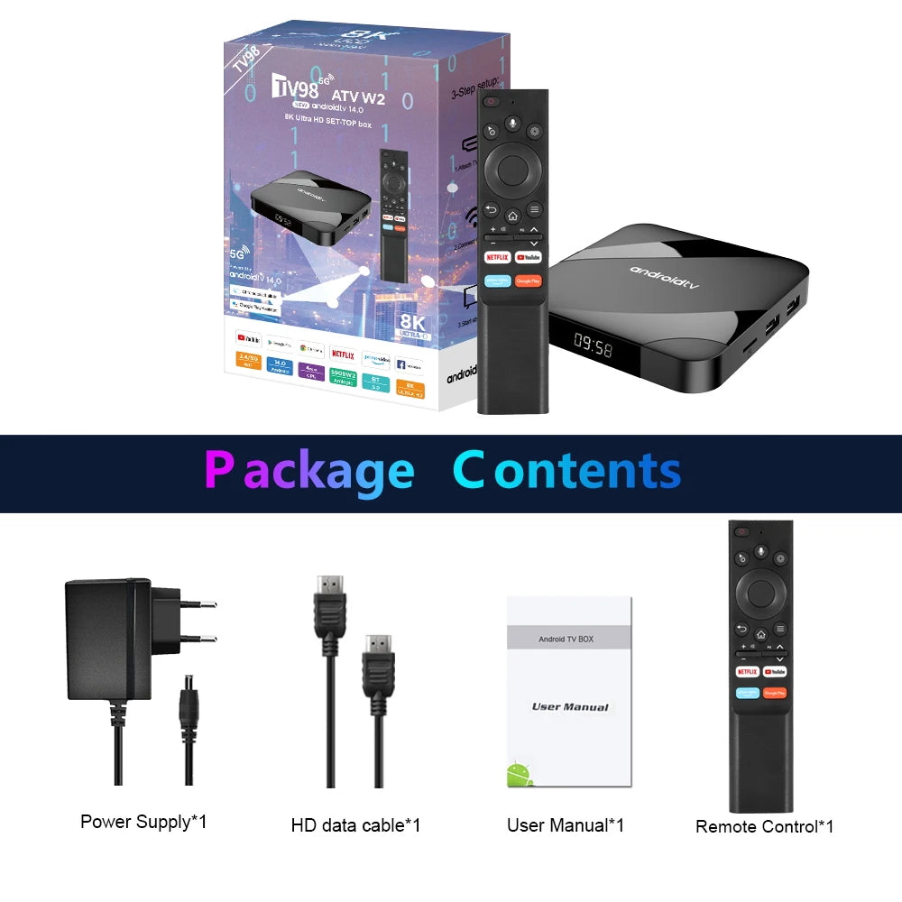 Android 14 TV Box Bluetooth 5.2 ATV 8K 4K Set Top Box 4GB 64GB AV1 S905W2 Quad Core 2.4G&5G Dual WIFI Voice Remote Media Player