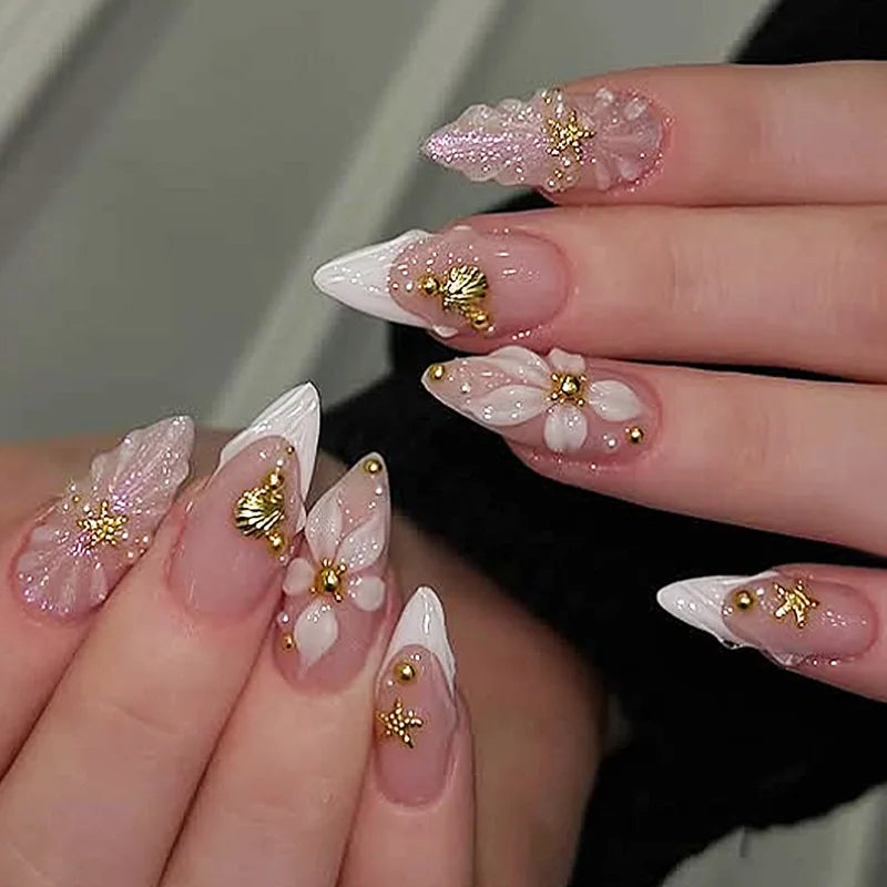 24pcs Long Almond False Nails with Flower Pearl Rhinestone Design Fake Nails Leopard Print Press on Nails Sets Finished Manicure