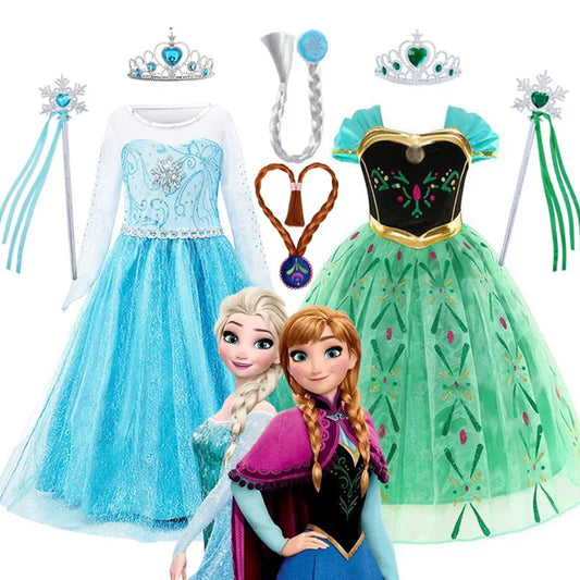 Disney Elsa Anna Princess Dress Girls Mesh Ball Gown Halloween Carnival Birthday Clothing Kids Cosplay Snow Queen Frozen Costume