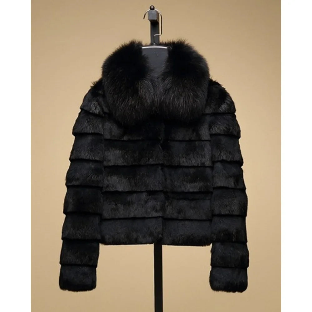 OFTBUY 2024 New Real Rabbit Fur Coat with Fox Fur Collar Women Full Pelt Fox Fur Jacket Winter Rabbit Fur Waistcoat High Street