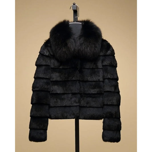 OFTBUY 2024 New Real Rabbit Fur Coat with Fox Fur Collar Women Full Pelt Fox Fur Jacket Winter Rabbit Fur Waistcoat High Street