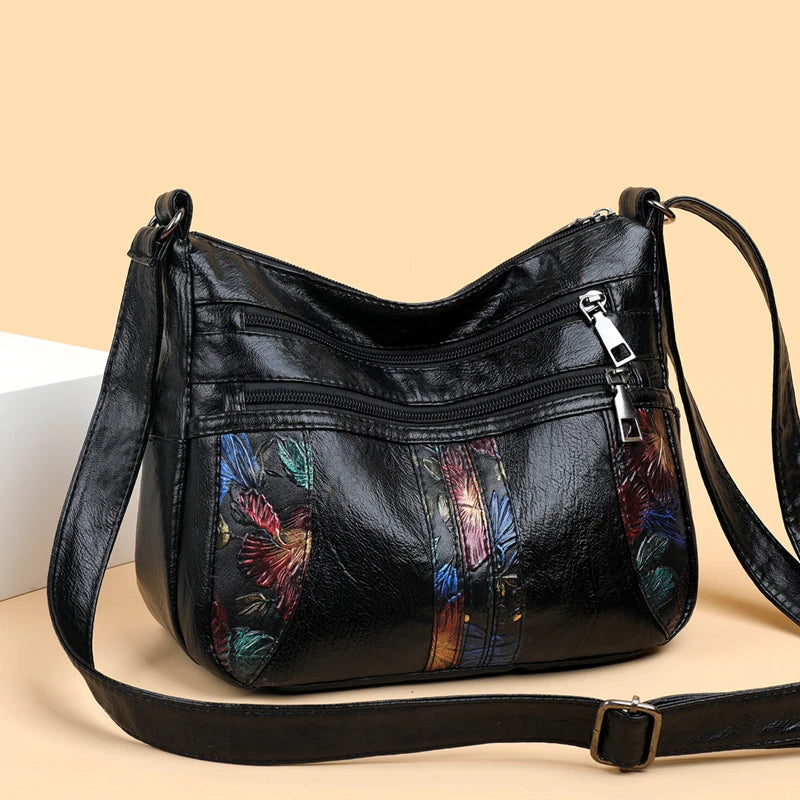 Luxury Soft Leather Women Messenger Shoulder Handbags and Purses Flowers Multi-pocket Crossbody Mommy Bag Ladies Sac 2022 New