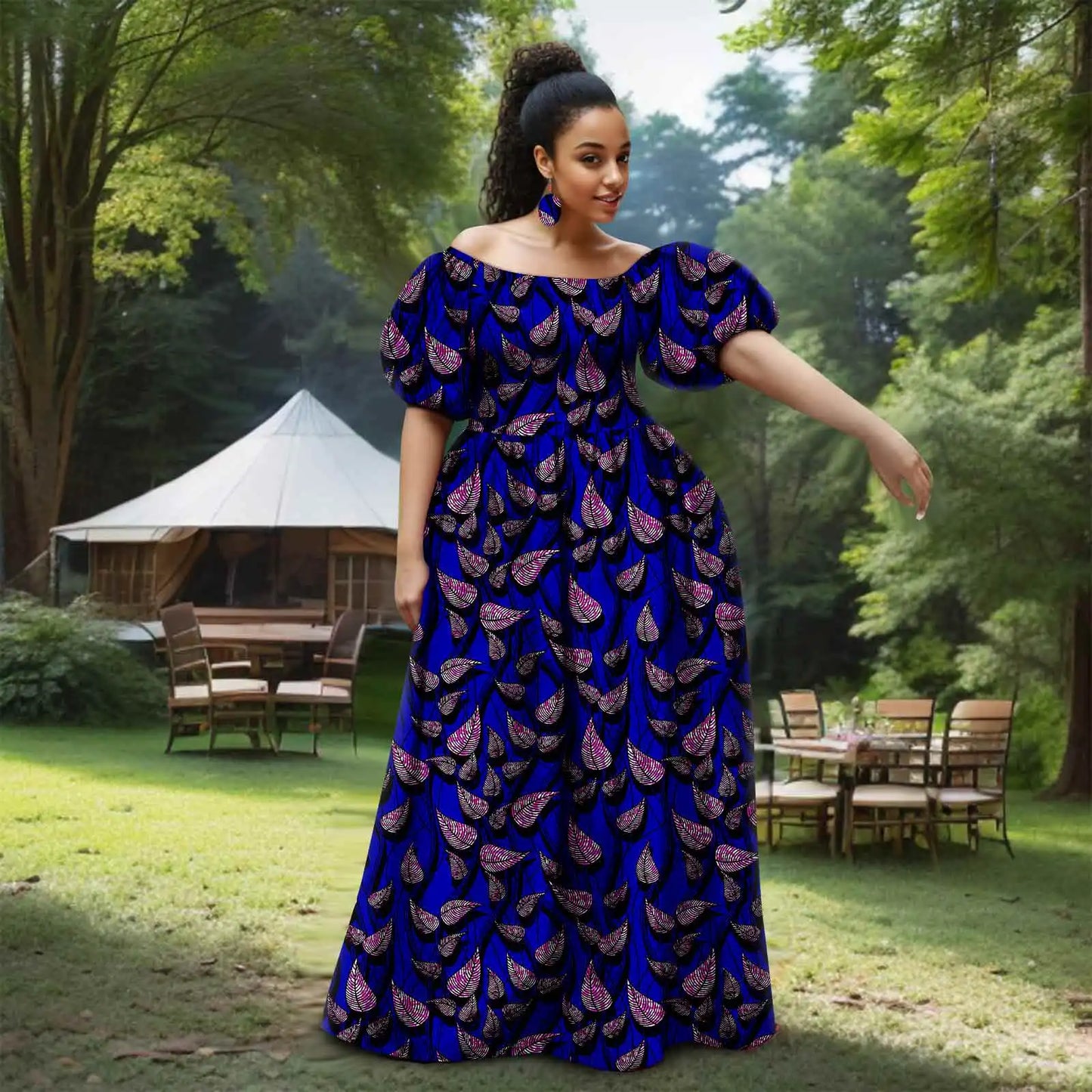 Afripride African Women's Dresses Sexy Strapless Bubble Sleeves With Same Color Earrings Women's Dresses 2525012