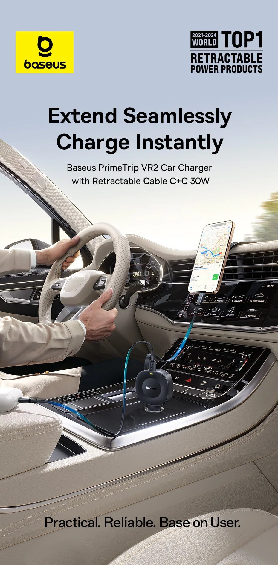 Baseus 30W Car Charger USB-C Type-C Retractable Fast Charging Car Phone Charger Adapter