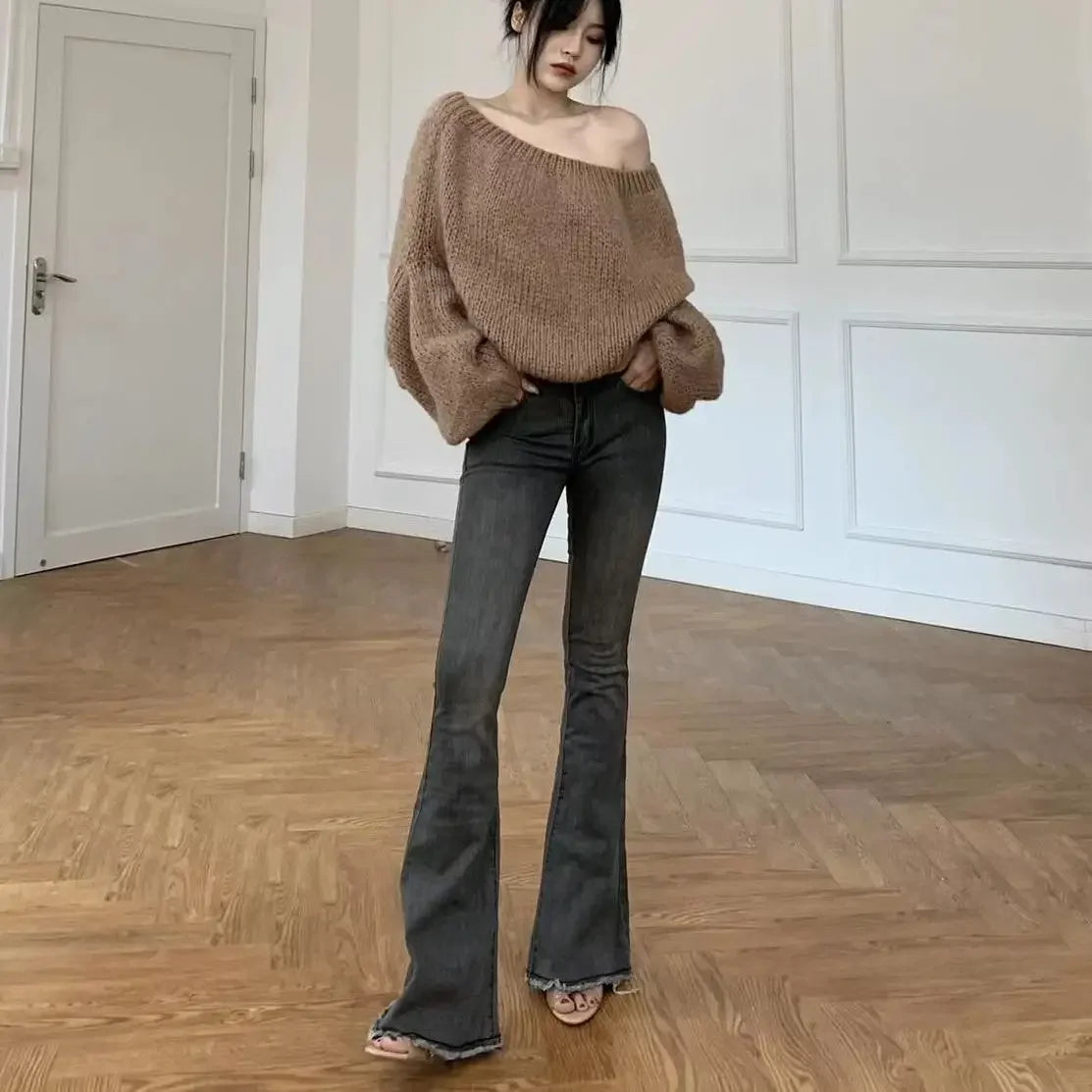 Low Rise Waist Bell Bottom Trousers Blue Pants for Woman Skinny Women's Jeans Flare Slim Fit Flared Baggy Stylish Summer Pant A