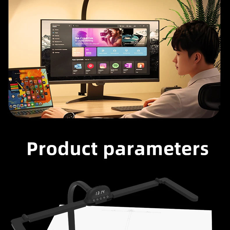 LED Full Spectrum Eye-Caring Architect Desk Lamp with Clamp Flexible Gooseneck 120cm Foldable 4-Head Stepless Dimming Lamp