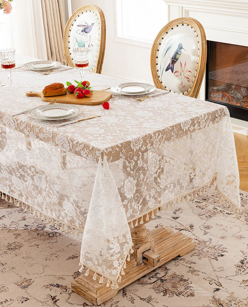 French Rose Lace Tablecloth, Rectangular Dining Tablecloth, Home Coffee Table Wedding Decoration Cover,