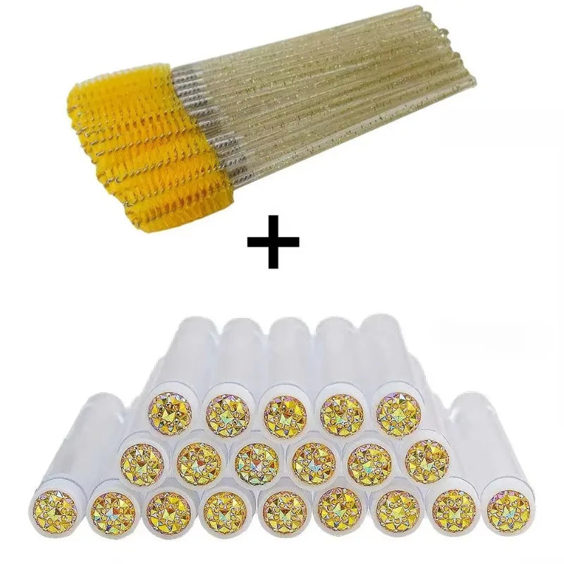 50Pcs Eyelash Brush Tubes with Crystal Mascara Wands & Eyebrow Comb Spoolies - Makeup Tools for Lash/Brow Applicators
