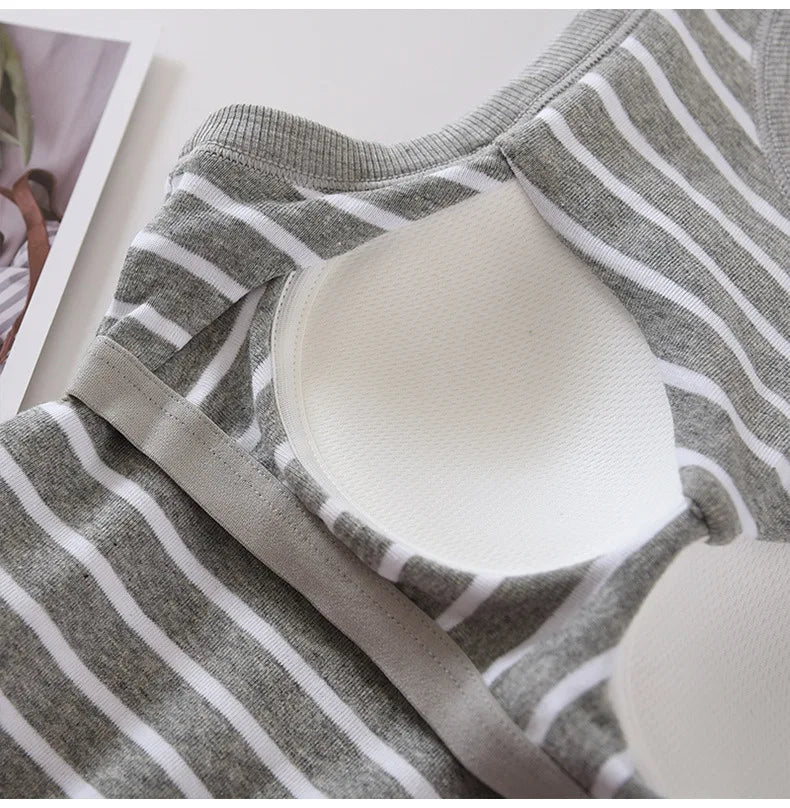 One Piece Pajamas Tops For Women New Fashion Striped Sleeveless Summer Sleepwear Shirt Slim Cotton Chest Pad Sleep T-Shirts